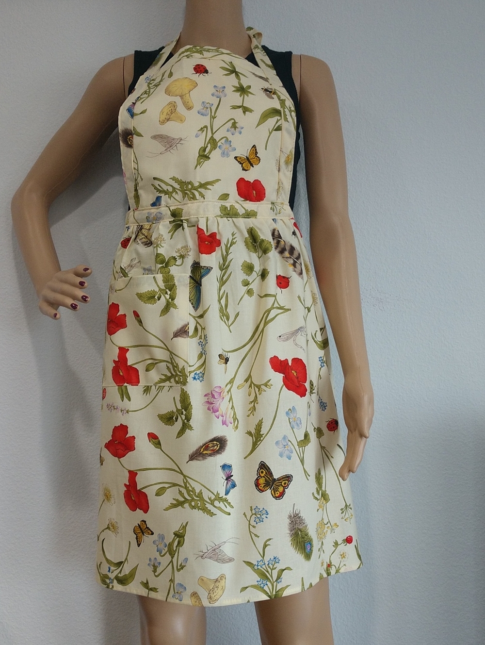 Cream Floral Apron with Red Poppy Butterfly Feathers Print